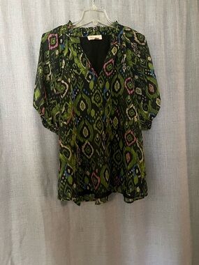 Philosophy Green Ikat Print Sheer V-Neck Blouse with Pink & Blue Accents